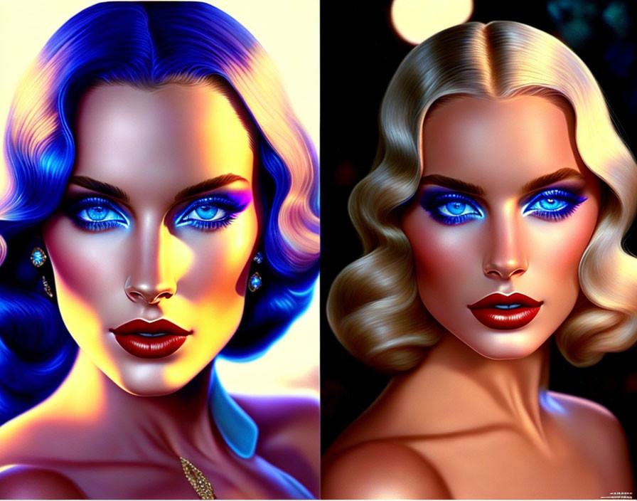 Two Women Digital Portraits: Striking Blue Eyes, Luscious Lips