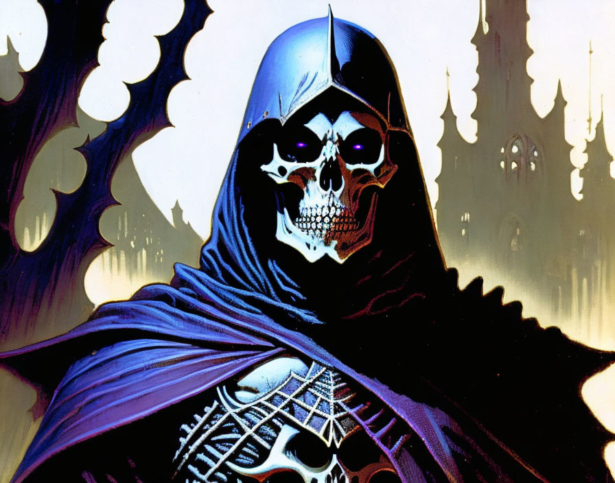 Skull-faced character in bat cowl and cape against gothic backdrop