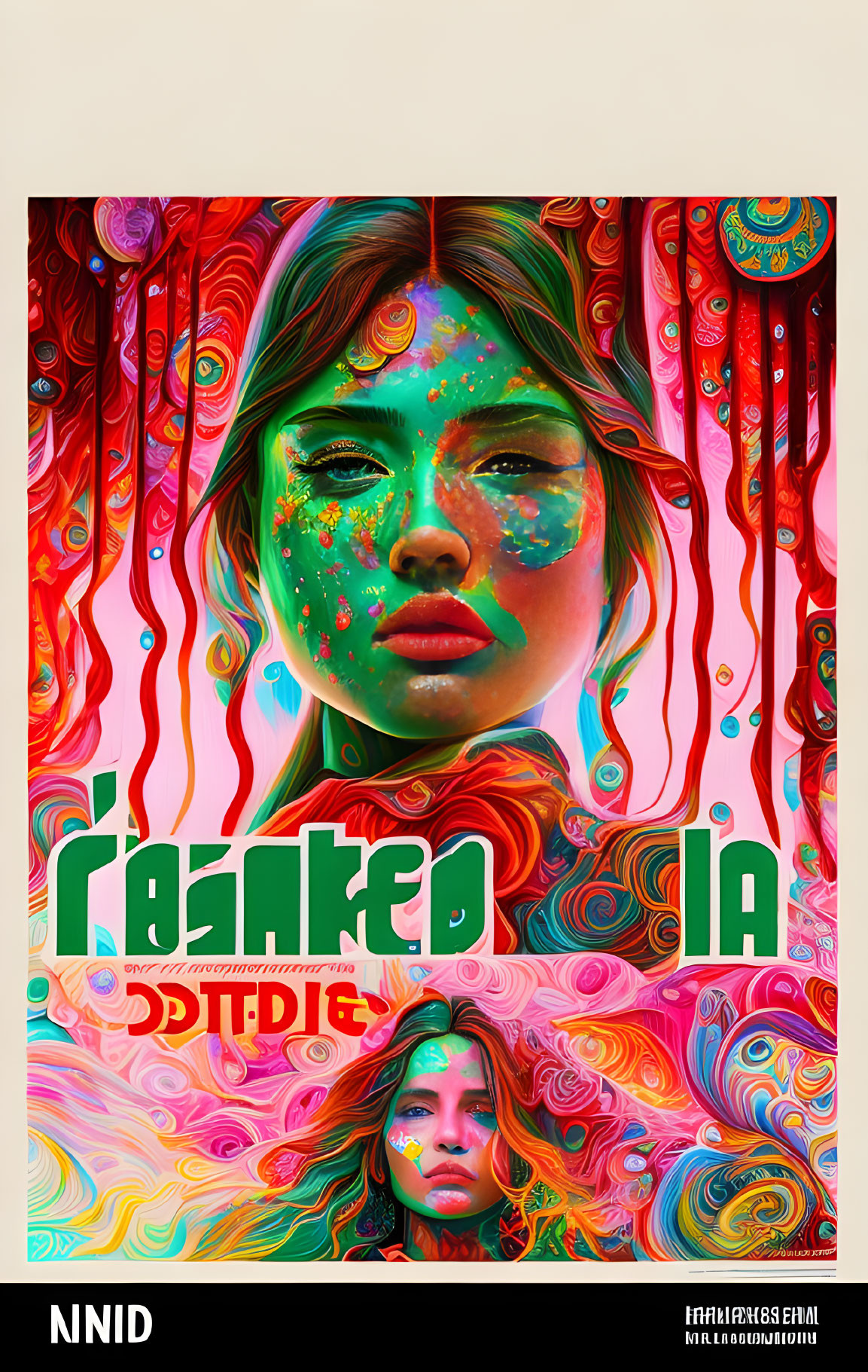 Colorful Psychedelic Portrait of Woman with Abstract Patterns and Text