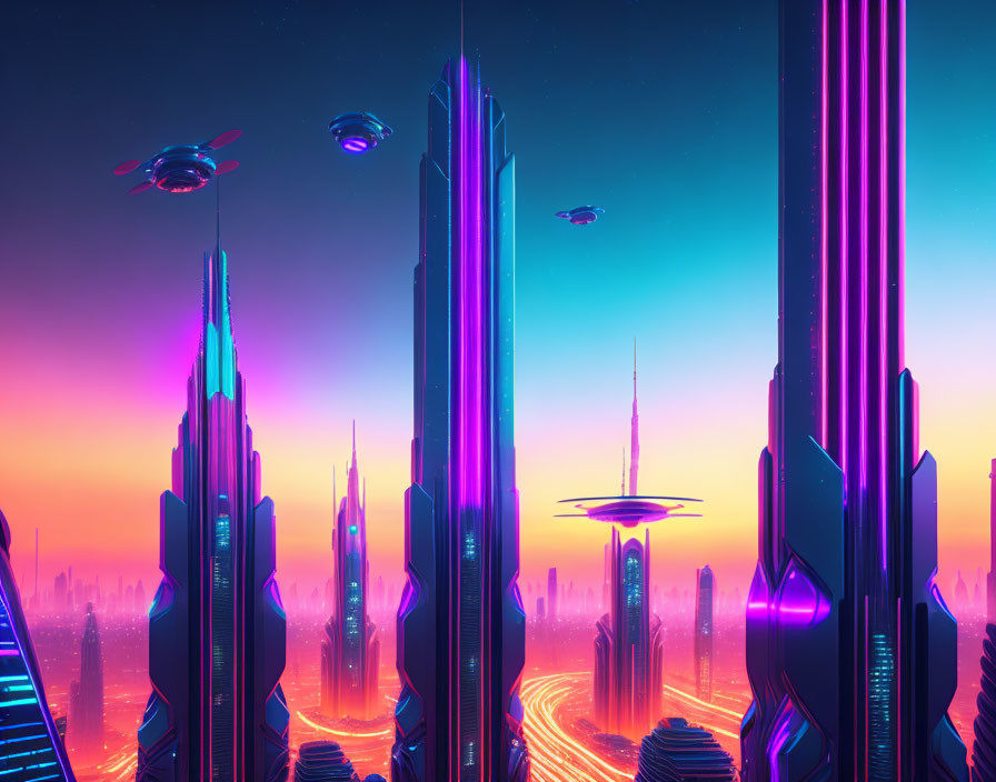 Futuristic cityscape at sunset with neon-lit skyscrapers