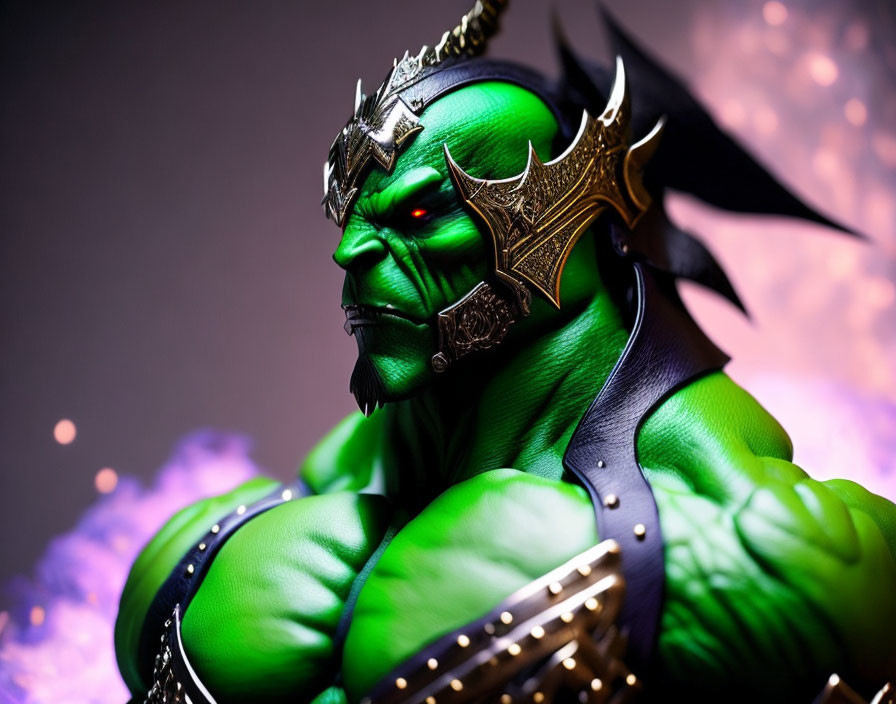 Detailed Green-Skinned Action Figure with Spiky Crown and Armor on Purple Background