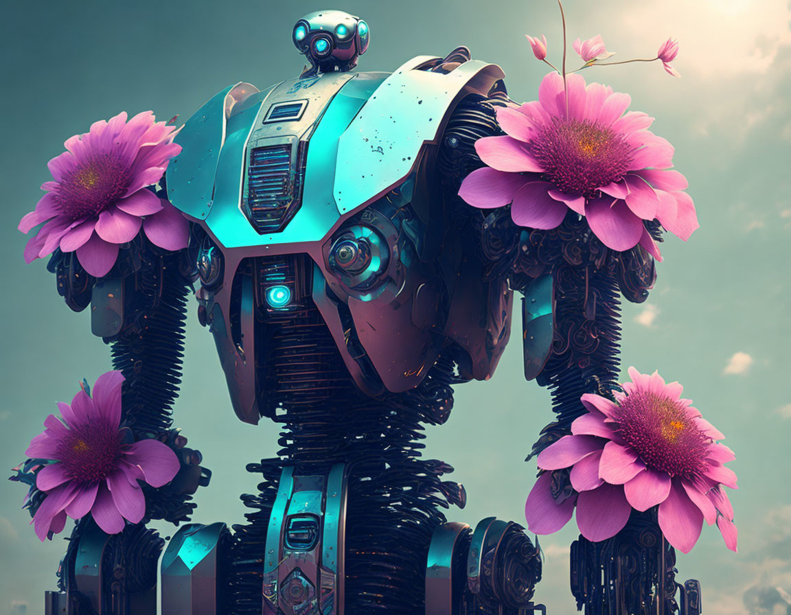 Robot adorned with pink flowers on blue sky background