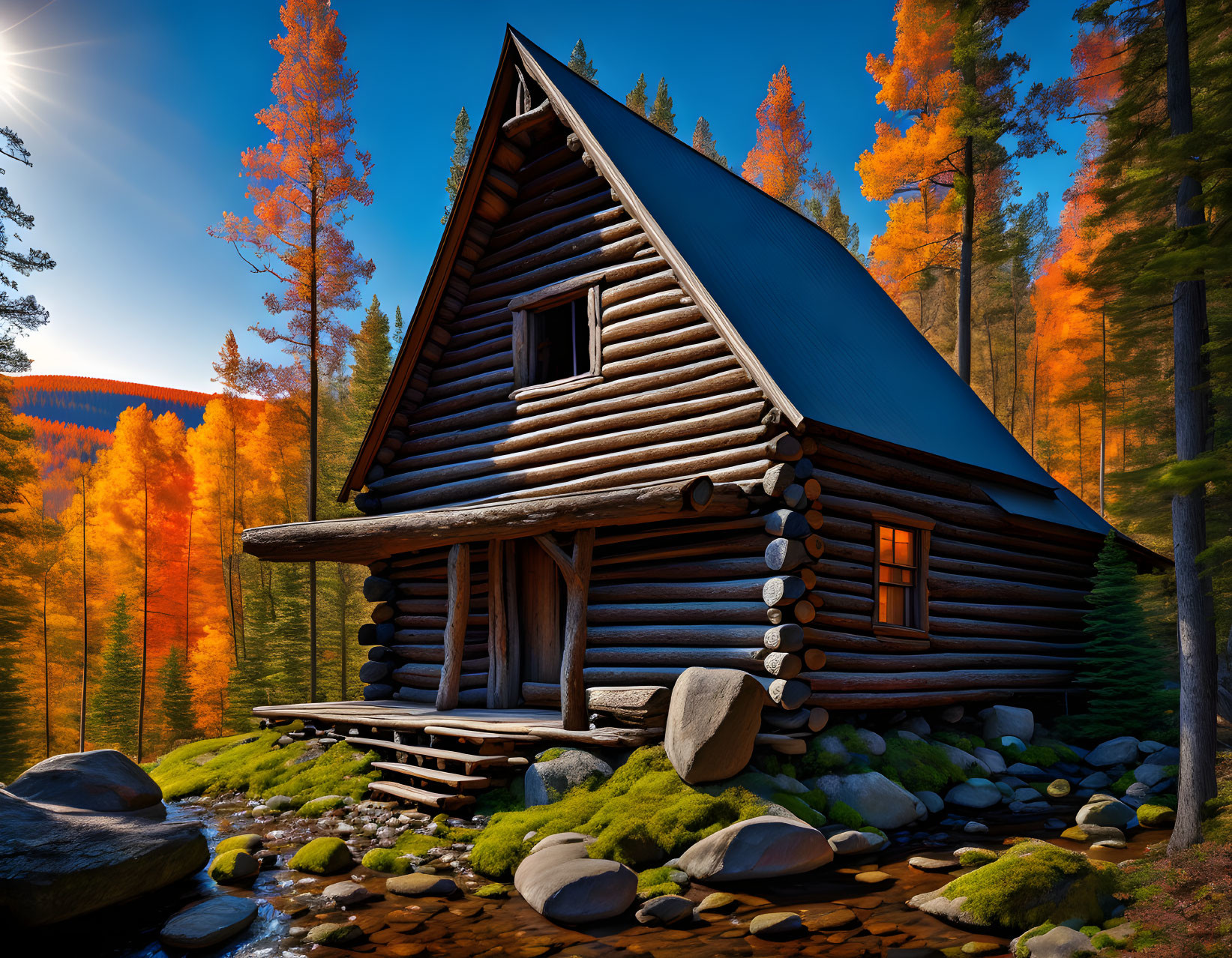 Autumn log cabin surrounded by vibrant trees near stream and blue sky