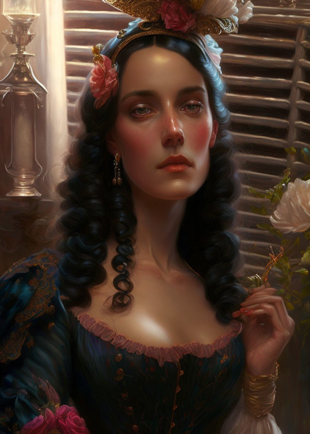 Portrait of woman with dark curly hair in traditional blue dress with floral adornments and pensive expression against