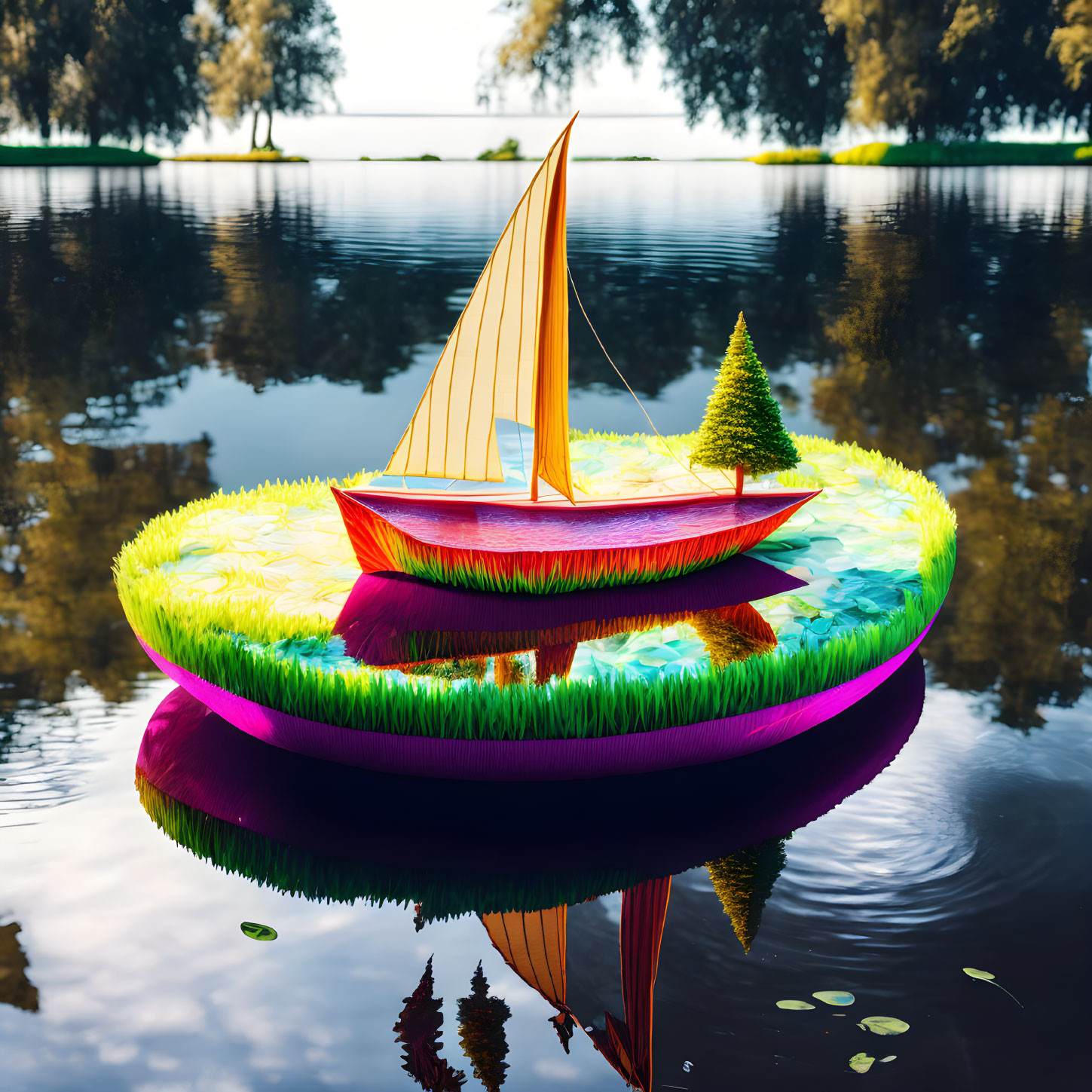 Colorful digital artwork of sailboat on circular island in serene waters