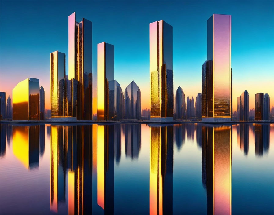 Mirrored Skyscrapers Reflecting in Water at Sunrise or Sunset