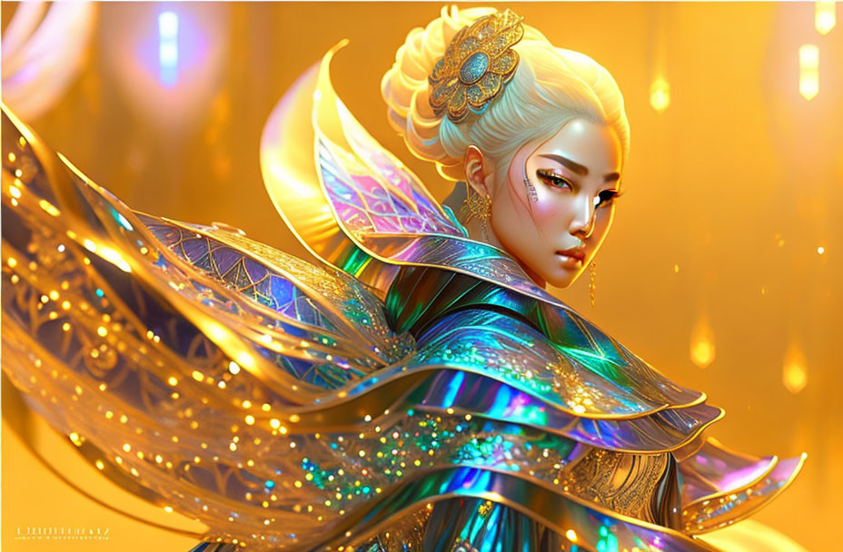 Ethereal woman with glowing armor and butterfly wings in golden background