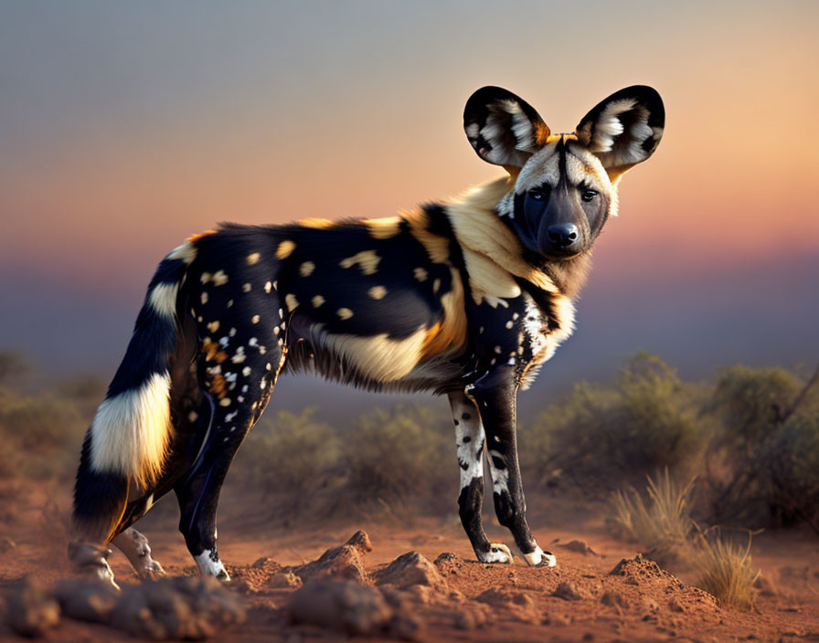 African wild dog in desert environment at sunset