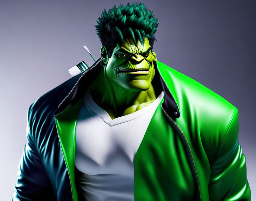 Muscular green-skinned character in ripped shirt and jacket illustration