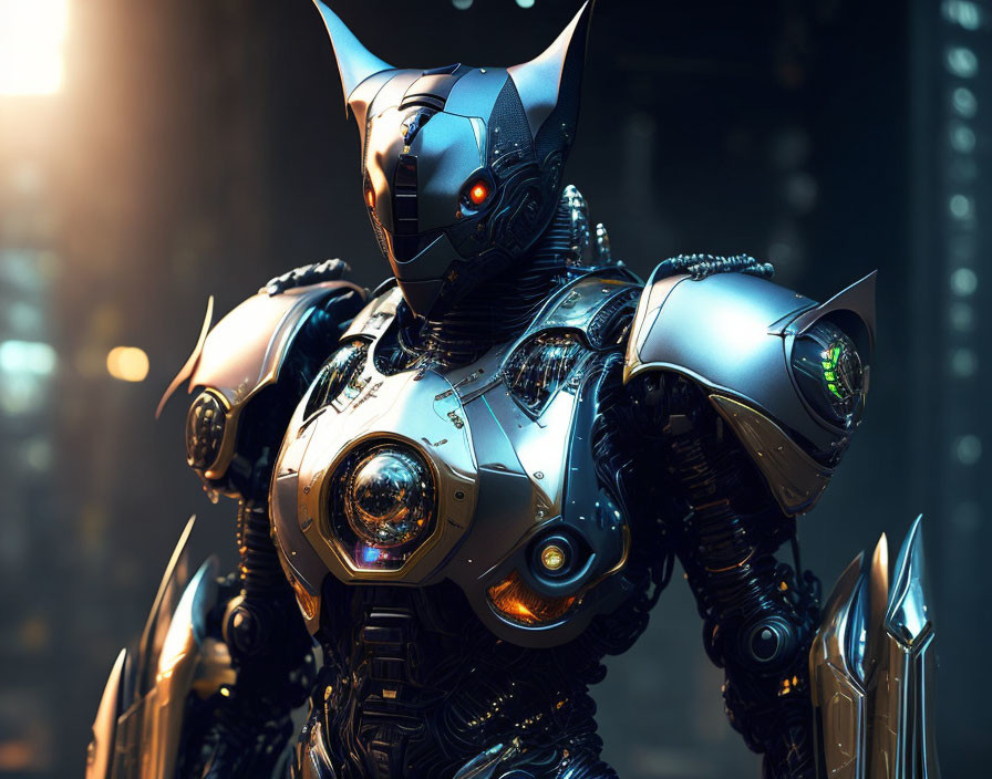 Detailed Robotic Figure in Sleek Armor Against Futuristic City at Dusk