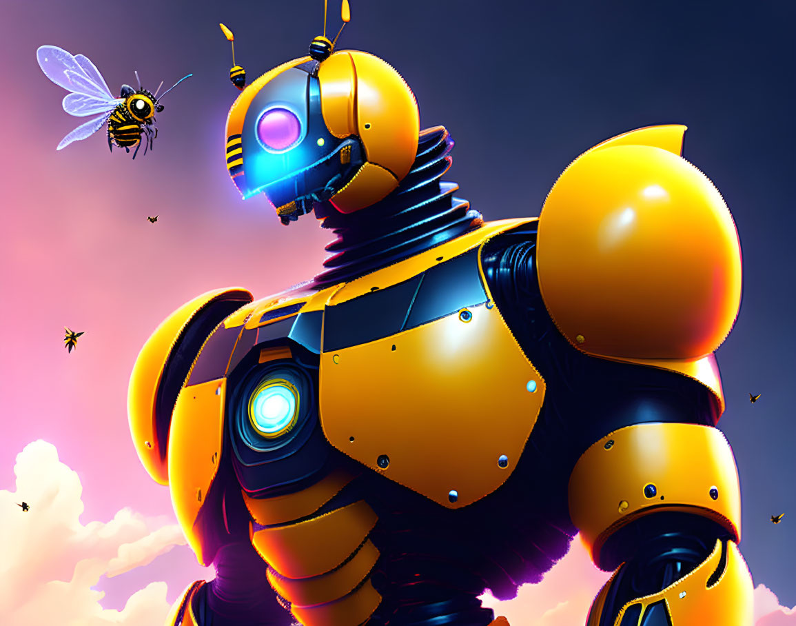 Colorful futuristic humanoid bee robot surrounded by glowing smaller bees in a cloudy sky