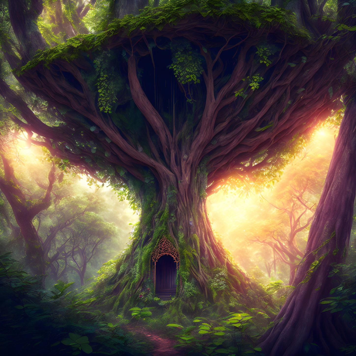 Enchanted forest with large tree and arched doorway in misty glow