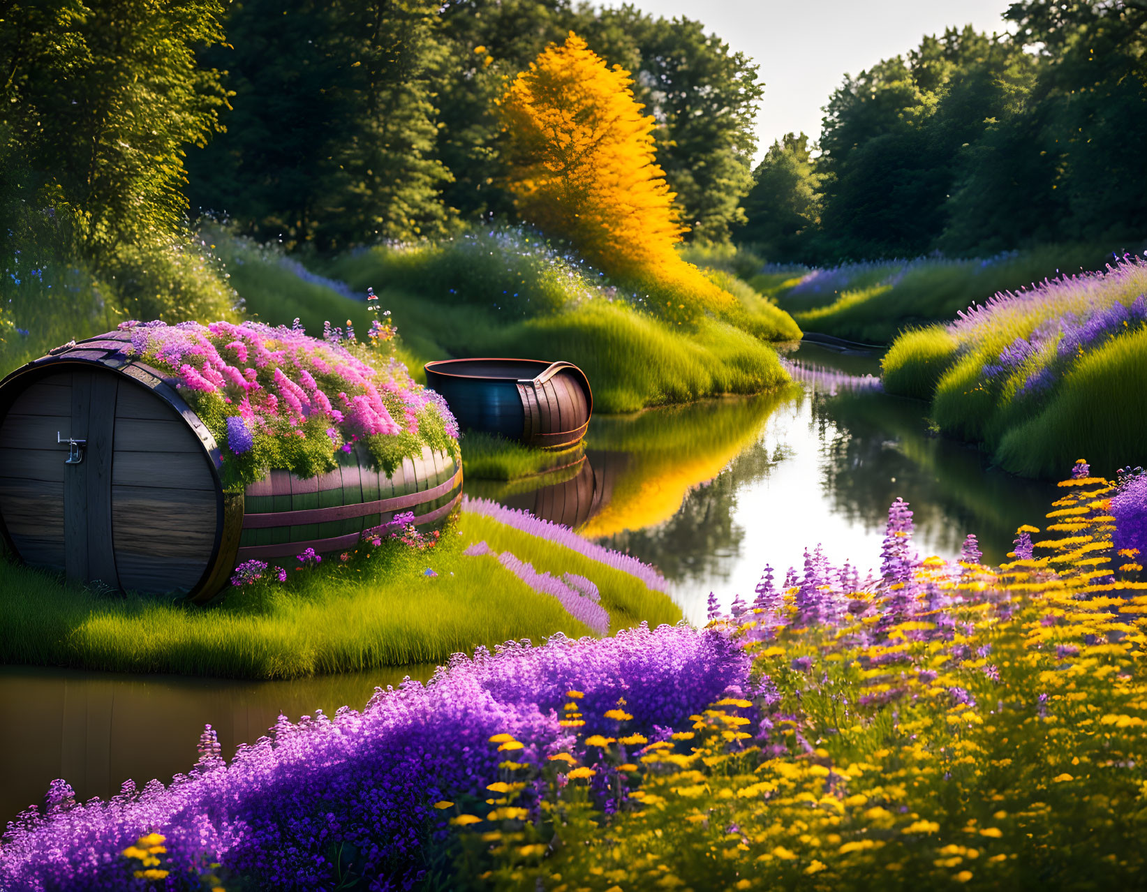 Tranquil river with purple and yellow flowers and wooden barrel planters