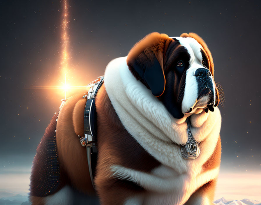 Digital artwork: Saint Bernard dog in futuristic harness, starry sky and mountain backdrop.