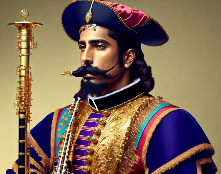 Regal man in ornate military uniform with medals, sash, sword, hat, and styled