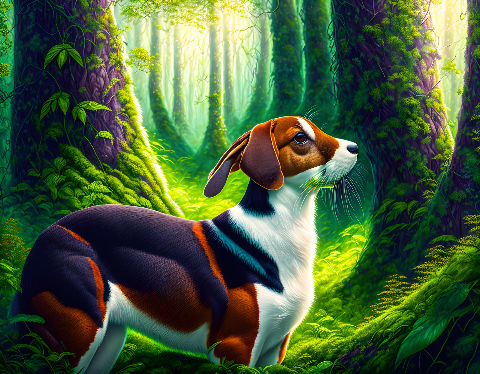 Beagle Dog in Vibrant Forest with Sunlight Filtering Through Trees