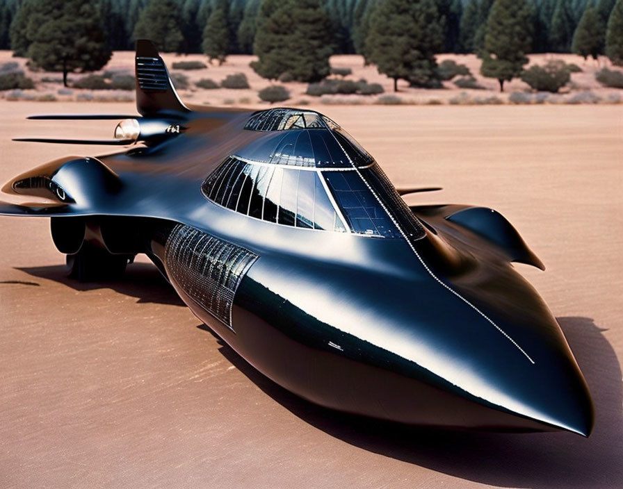 Black futuristic jet on desert runway