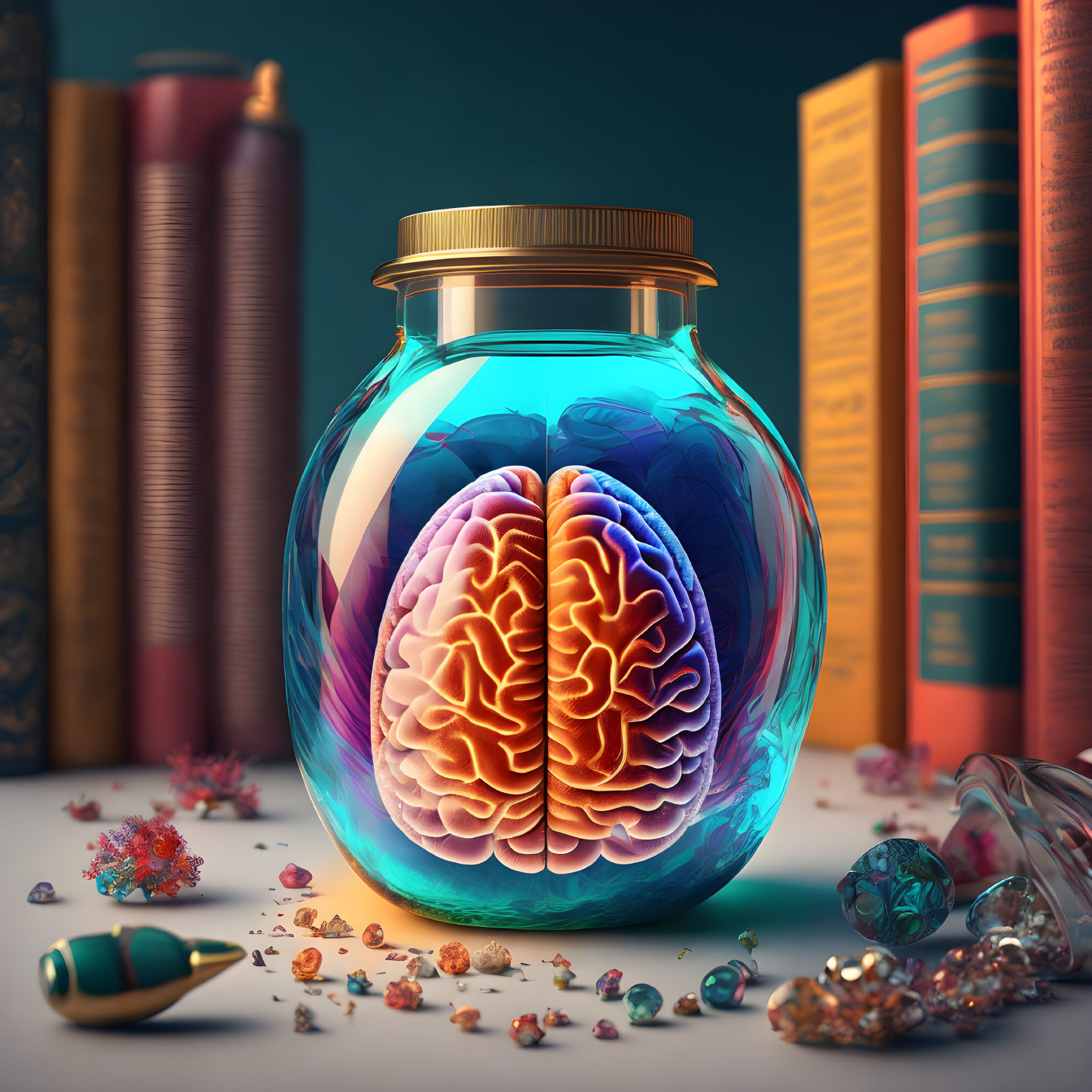 Colorful Human Brain Illustration in Jar with Crystals and Books