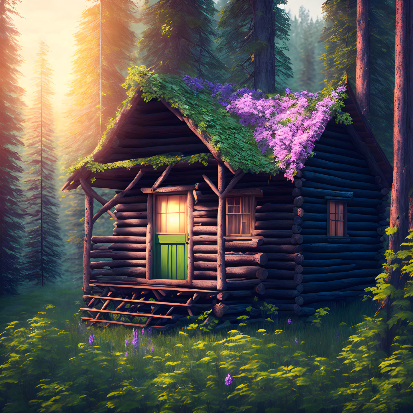 Rustic wooden cabin surrounded by lilac flowers in lush forest