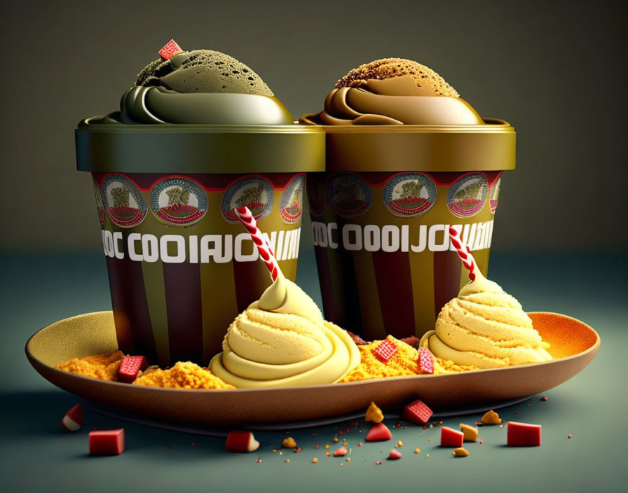 Two ice cream cups with wafer straws and toppings on a plate