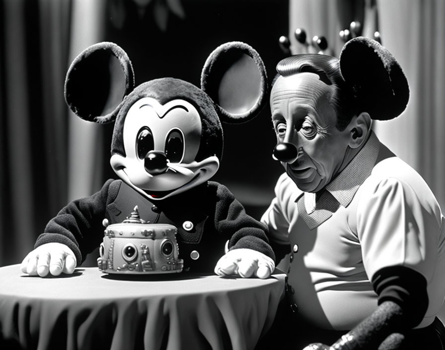 Monochrome image: Mickey Mouse with man wearing Mickey Mouse ears, both smiling, vintage camera on table