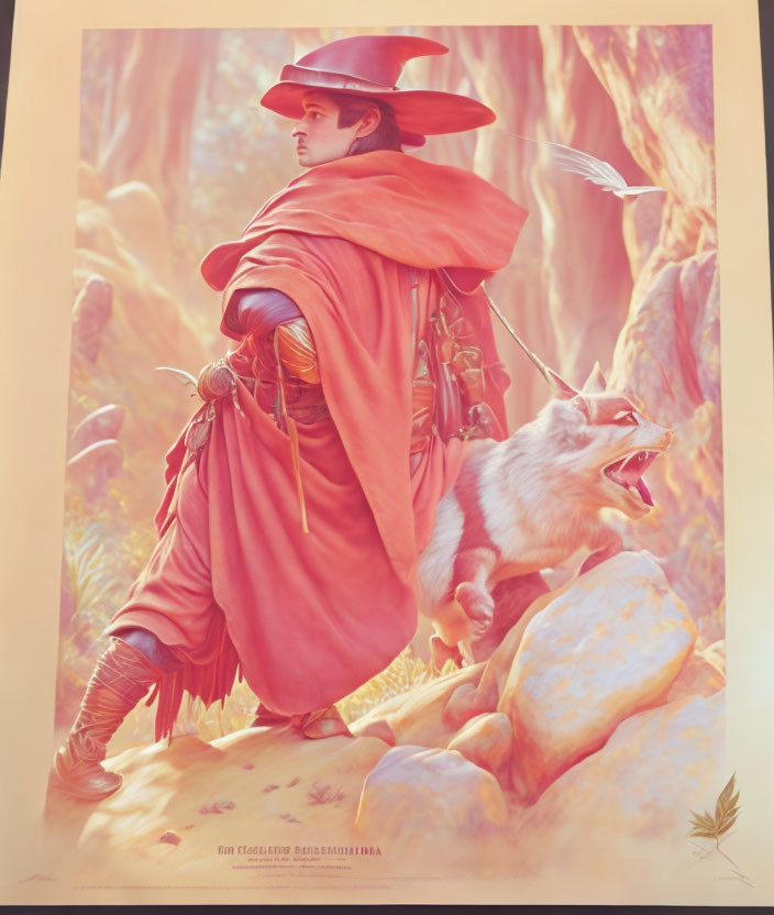 Person in red cloak and hat with wolf in sunlit forest.