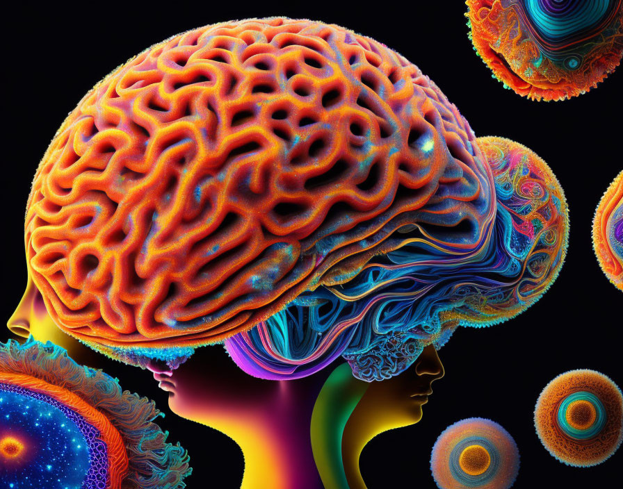 Detailed Human Head Profile Illustration with Colorful Brain