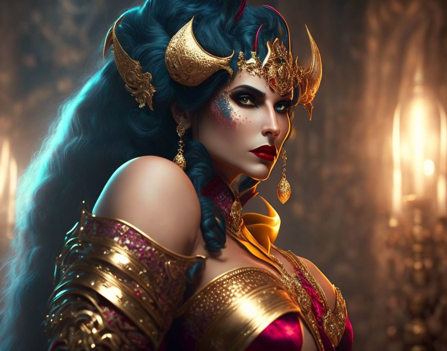 Fantasy queen with blue hair, golden crown, horns, armor, and makeup in opulent setting