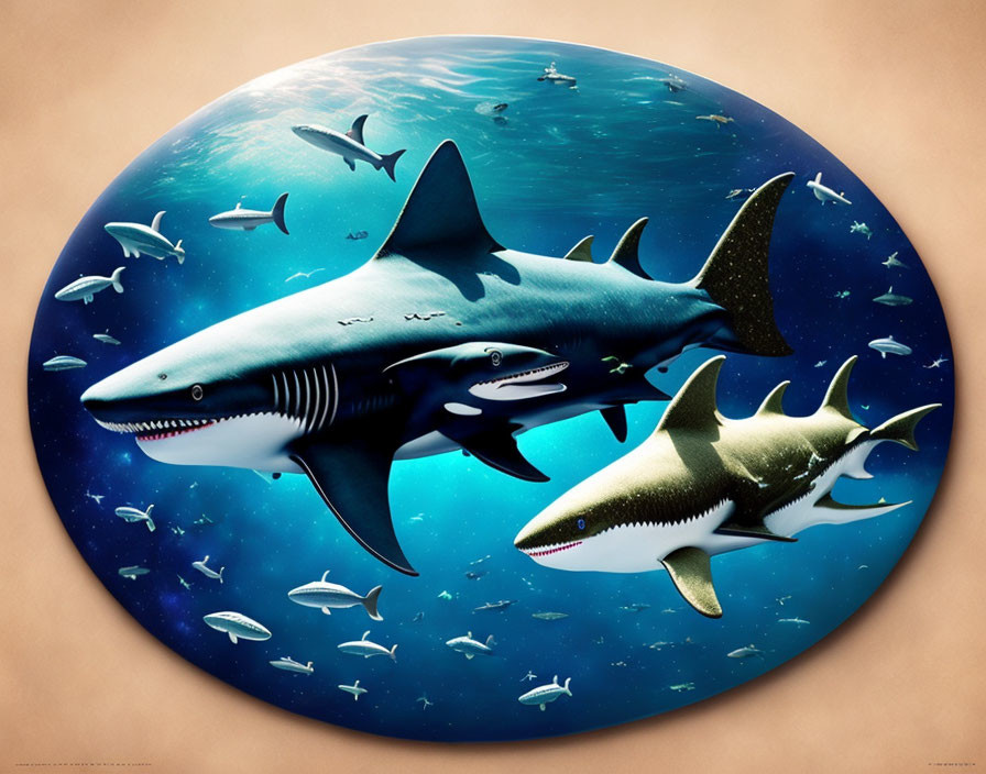 Digital Artwork: Two Sharks with Small Fish in Underwater Scene