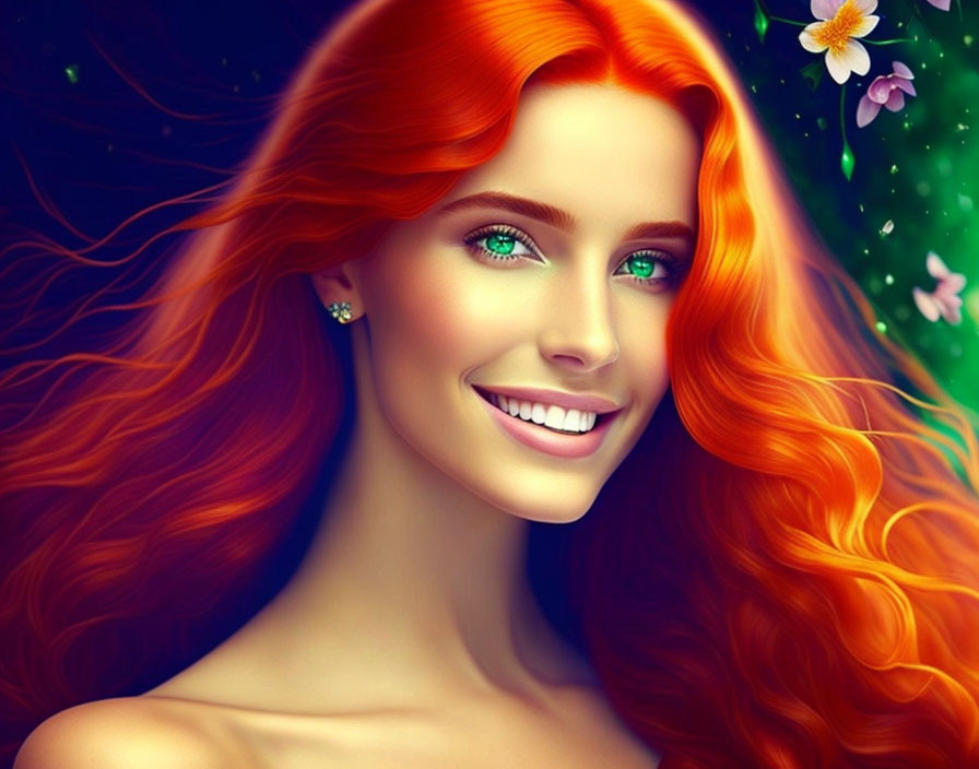 Digital portrait of a woman with red hair, green eyes, and a radiant smile in night sky with