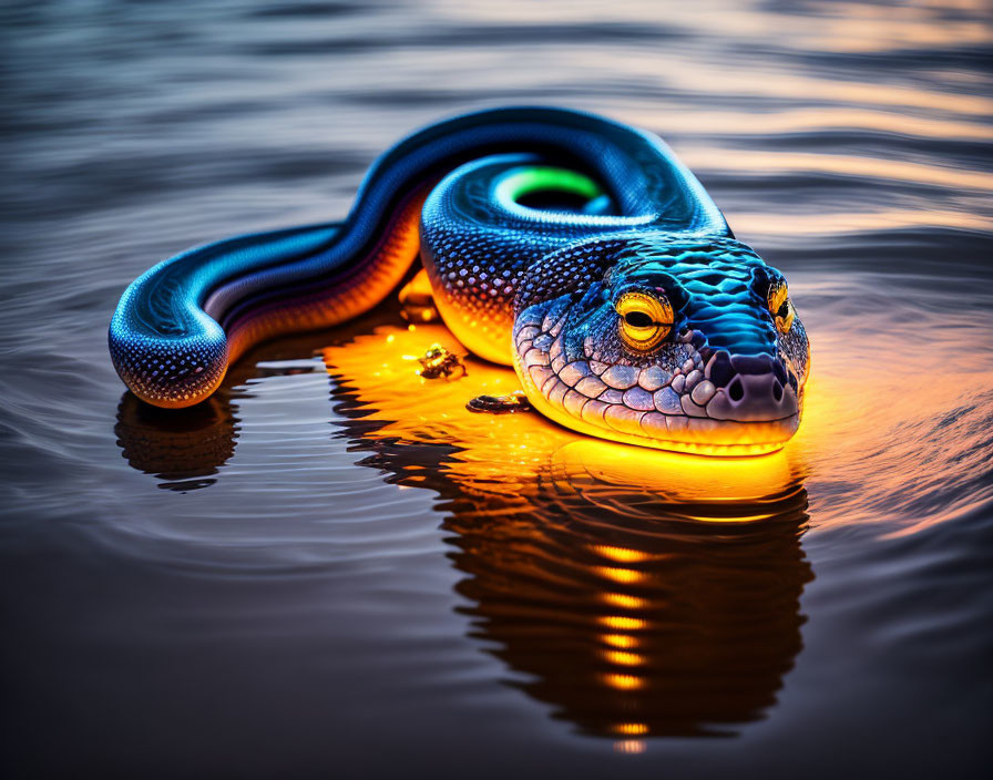 Colorful Digital Snake with Blue Scales Gliding on Water at Sunset