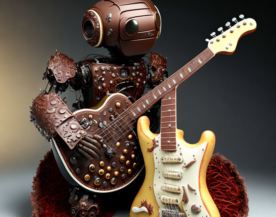 Whimsical vintage robot with electric guitar in steampunk setting