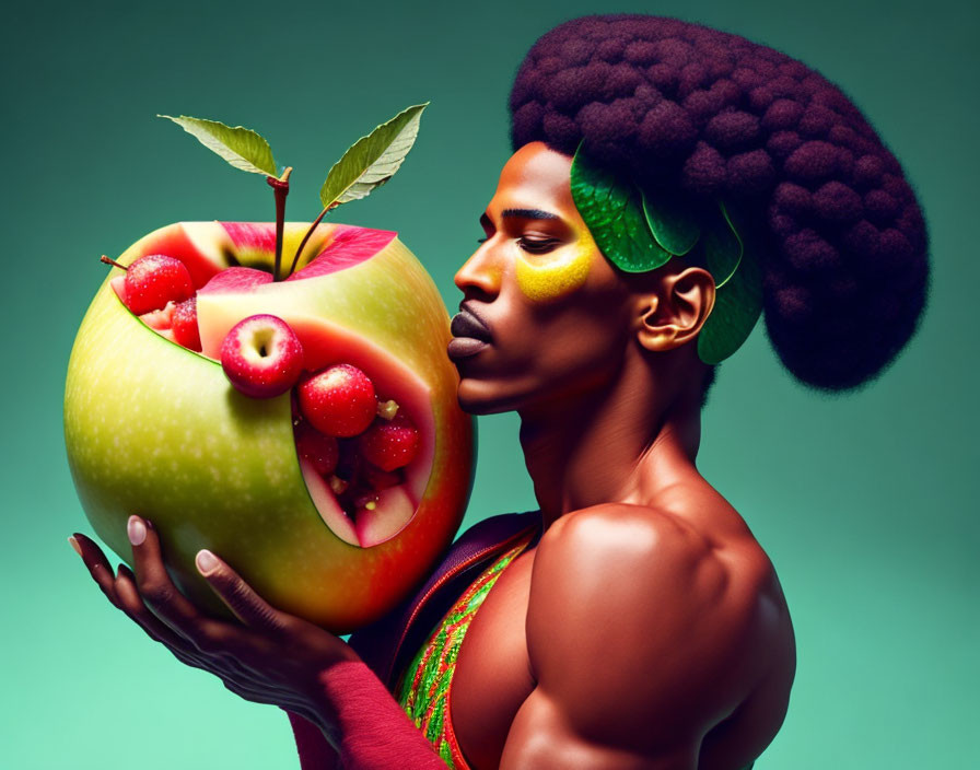 Colorful makeup and afro hairstyle with apple and leaves on green background