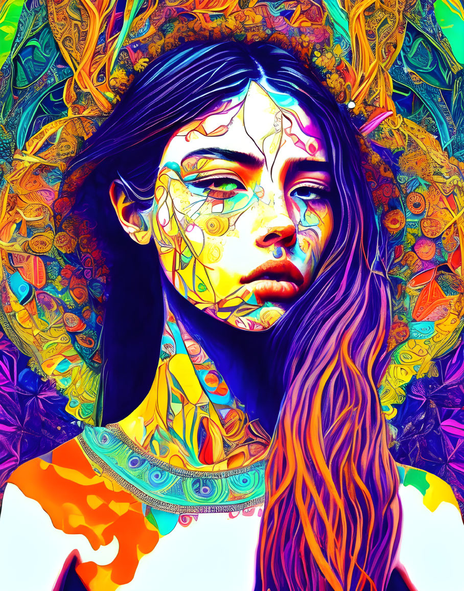 Colorful Psychedelic Woman Artwork with Mandala Backdrop