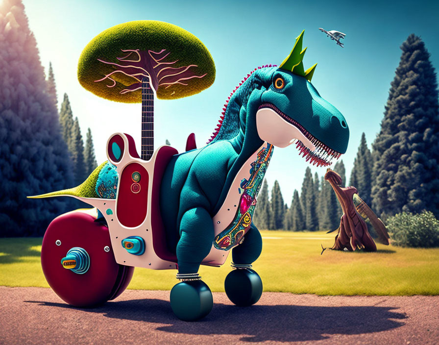 Colorful Toy-Like Dinosaur Illustration in Vibrant Park