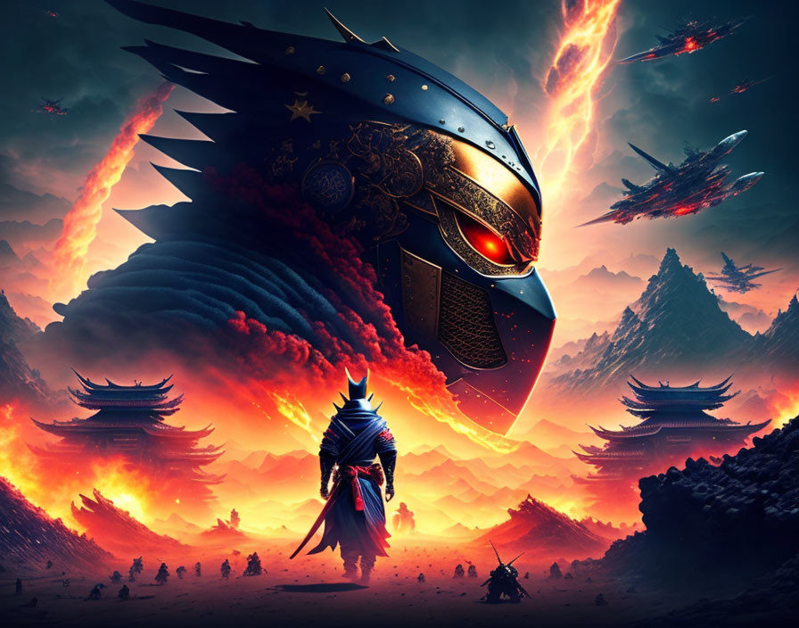 Warrior in fiery landscape with giant helmet and flying ships