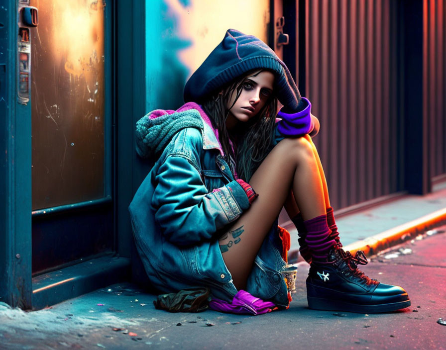 Person in denim jacket and hood sits by urban street door at dusk