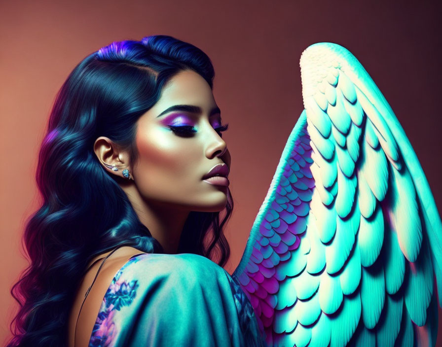 Colorful Makeup and Large Angelic Wing on Woman