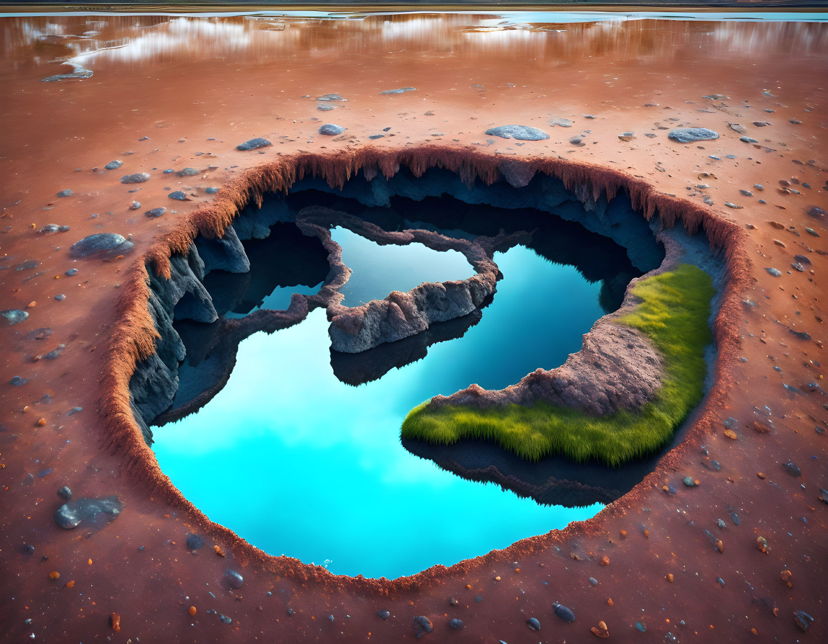 Colorful Geological Formation with Turquoise Pool, Red Land, and Green Vegetation