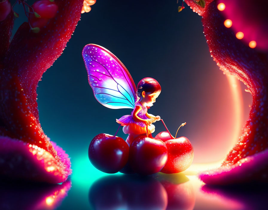 Glowing fairy on cherries plays string instrument near magical plants