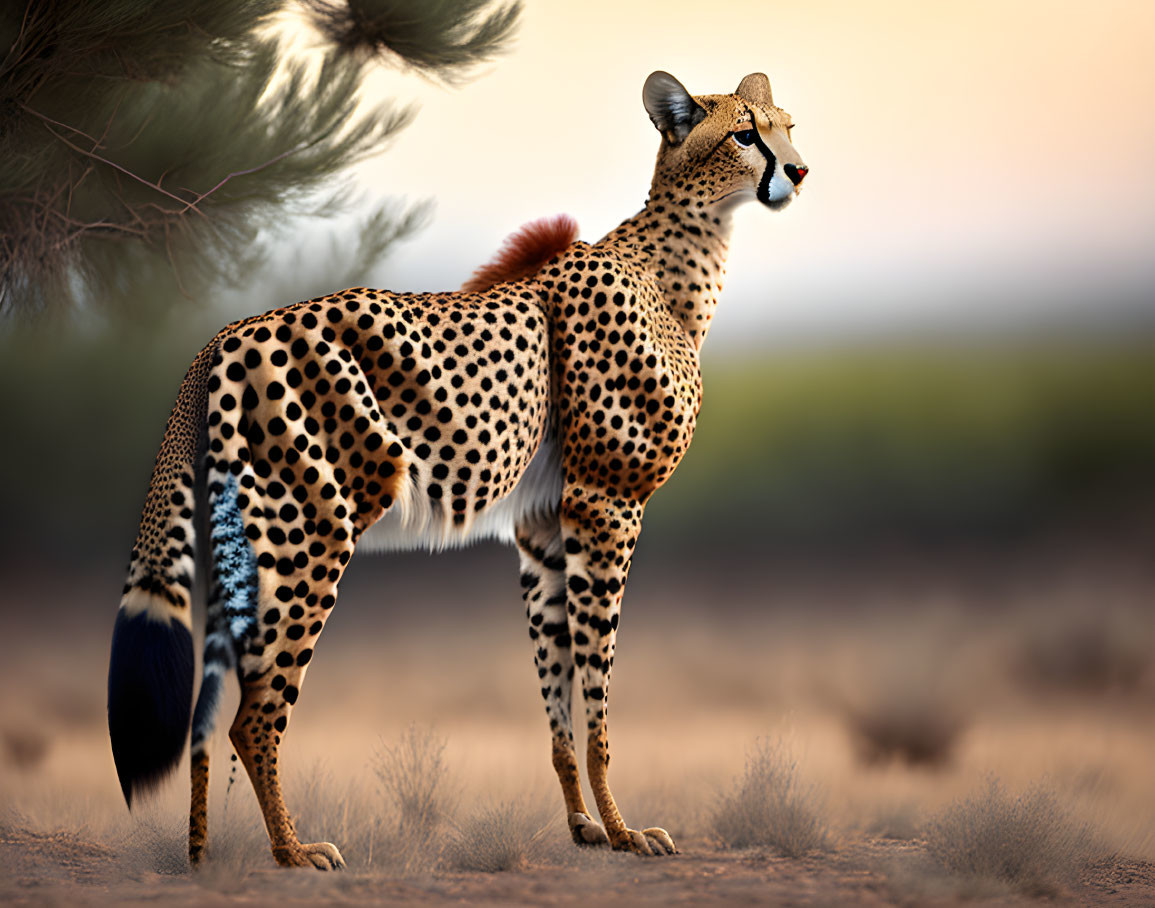 Cheetah in savanna at sunset with detailed fur and spot patterns