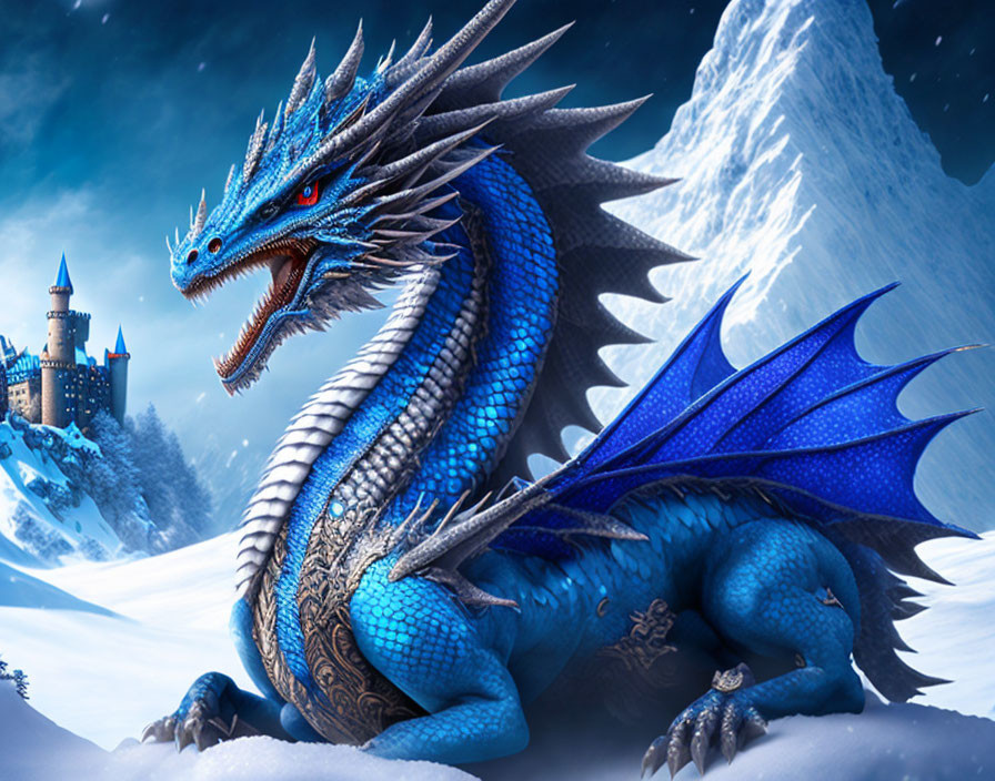 Blue dragon with wings in snowy landscape with castle and mountains