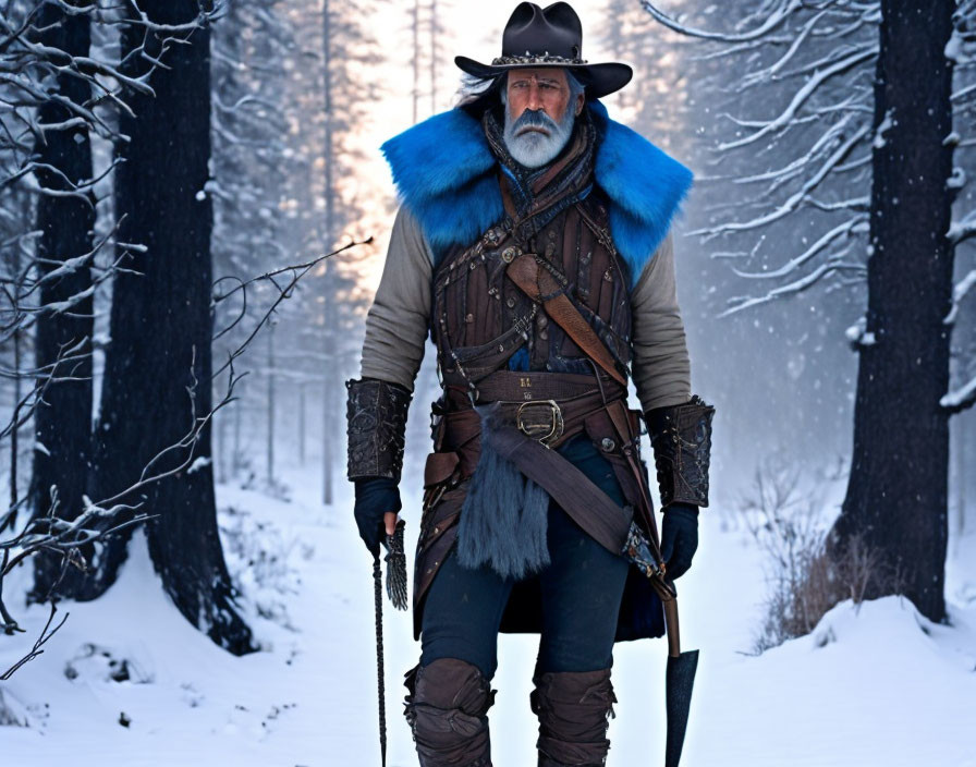 Rugged individual in blue fur-collared coat with sword and pistol in snowy forest