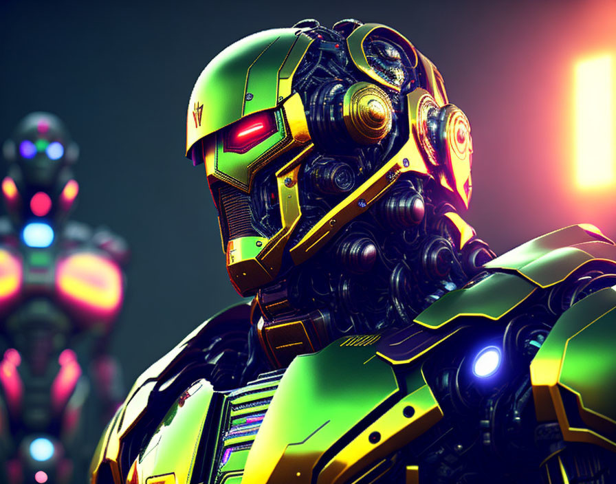 Futuristic robot with intricate gold and green design and glowing red eyes