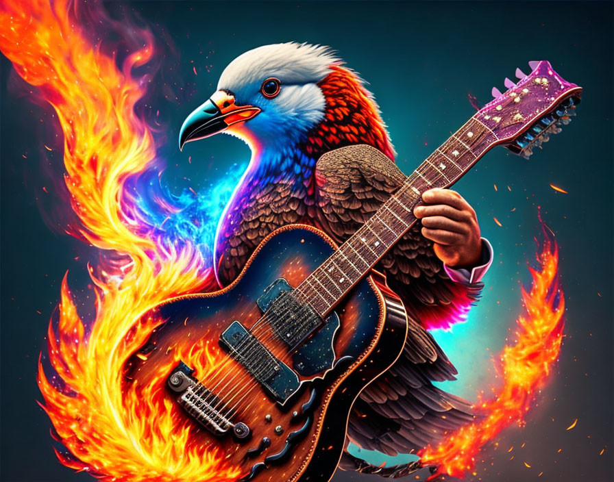 Eagle with human hands playing guitar in fiery scene