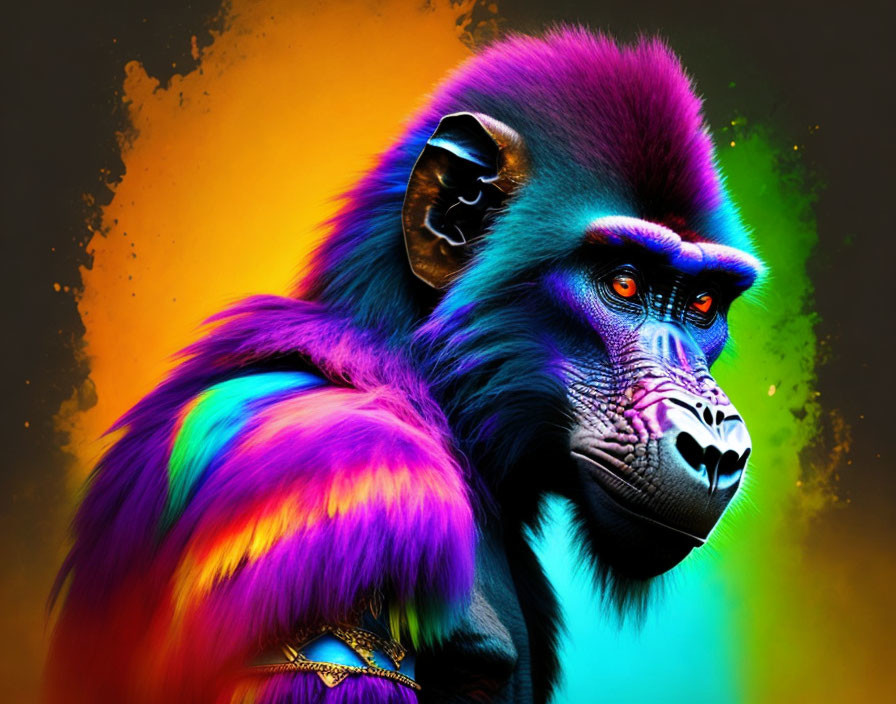 Colorful Mandrill Digital Artwork with Blue, Purple, Orange, and Yellow Hues