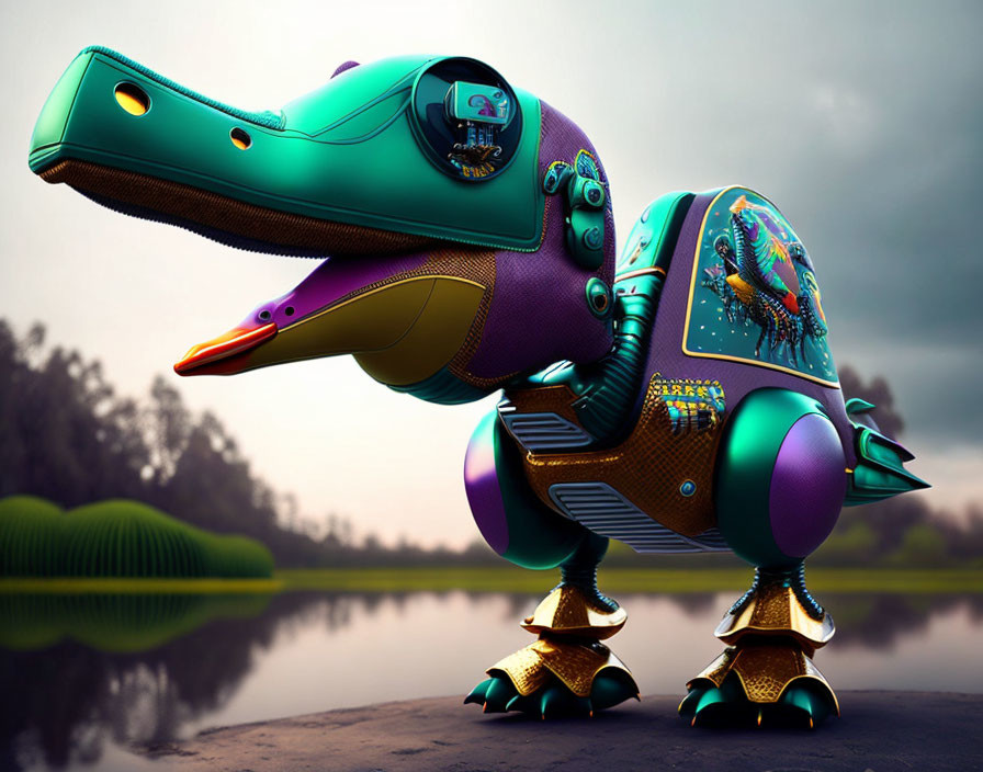 Colorful Stylized Robotic Duck by Calm Lake in Vibrant Purples and Greens