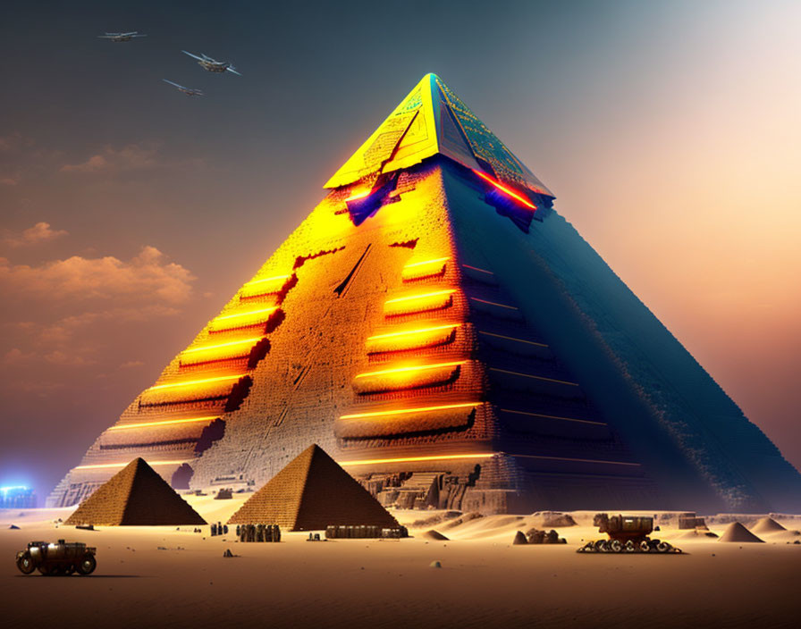 Futuristic Egyptian pyramids with neon edges in twilight sky