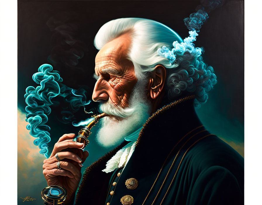 Elderly gentleman with white hair and beard smoking a pipe