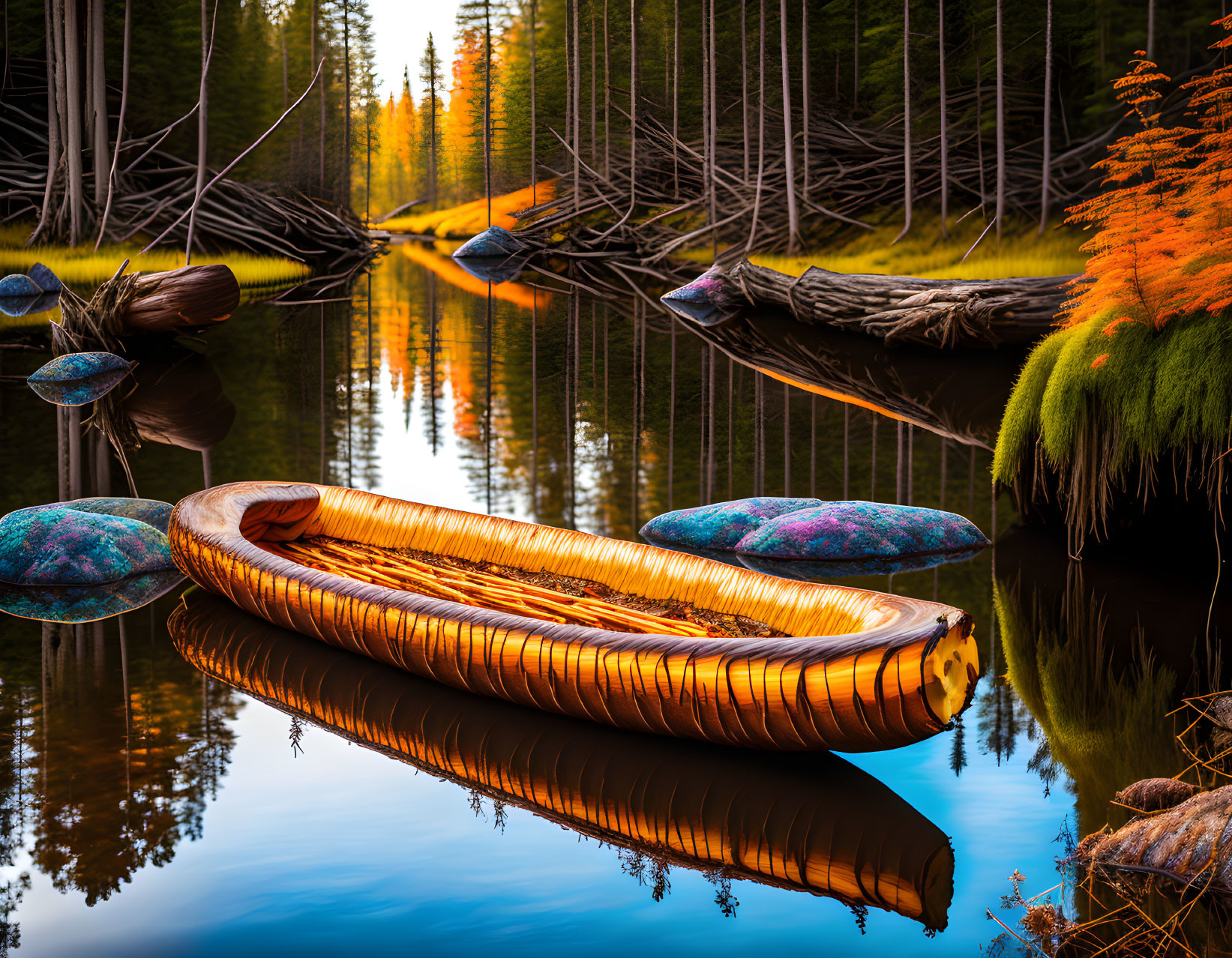 Wood-Design Inflatable Boat with Colorful Cushions on Calm Lake